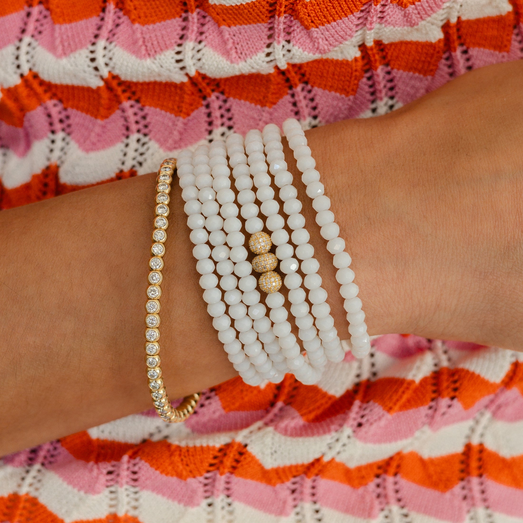 4mm White Crystal and Yellow Gold Diamond Accent Seven Wrap Beaded Bracelet