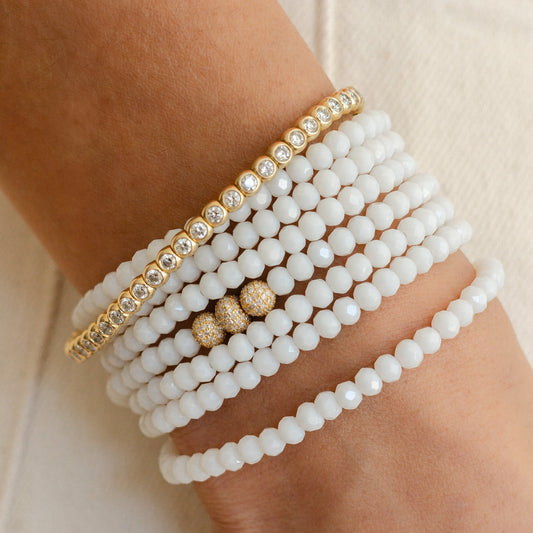 4mm White Crystal and Yellow Gold Diamond Accent Seven Wrap Beaded Bracelet