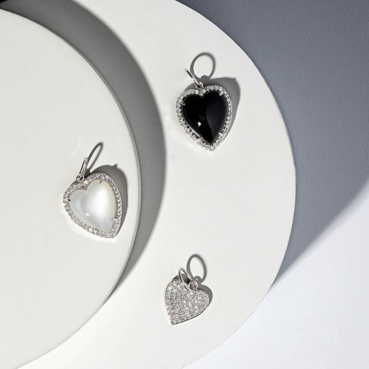 White Gold Diamond and Milky Moonstone Chubby Heart Charm