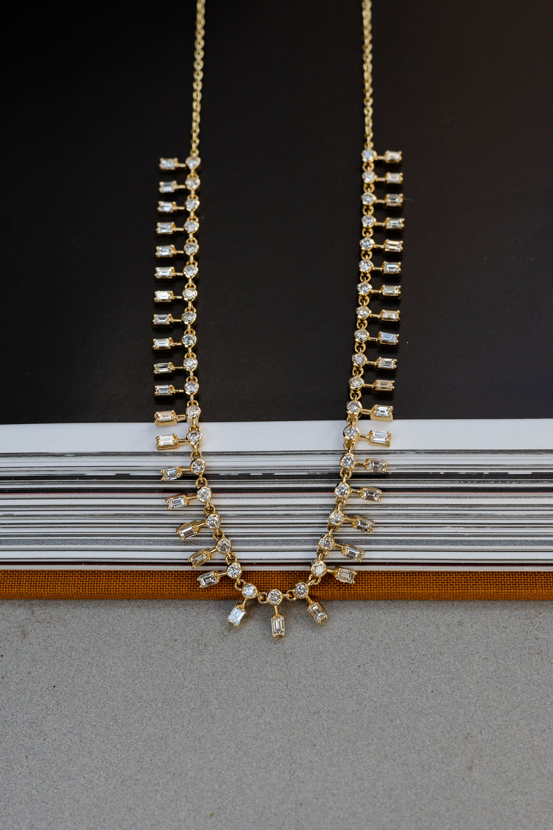 14 Karat Yellow Gold Diamond Baguette Necklace
