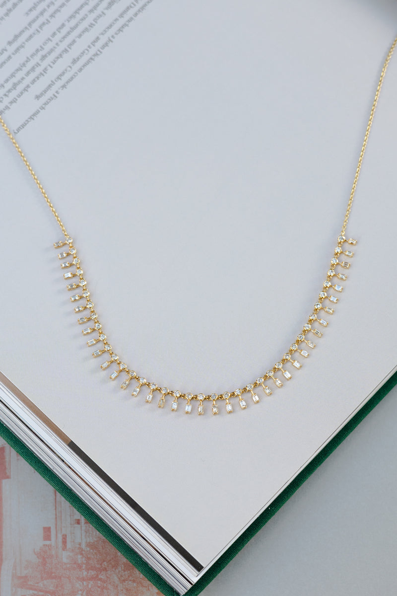 14 Karat Yellow Gold Diamond Baguette Necklace