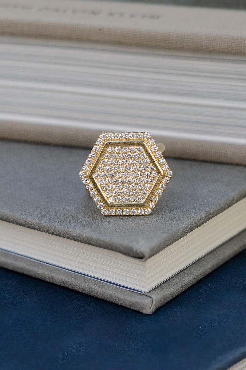 18 Karat Yellow Gold and Diamond Hexagon Ring