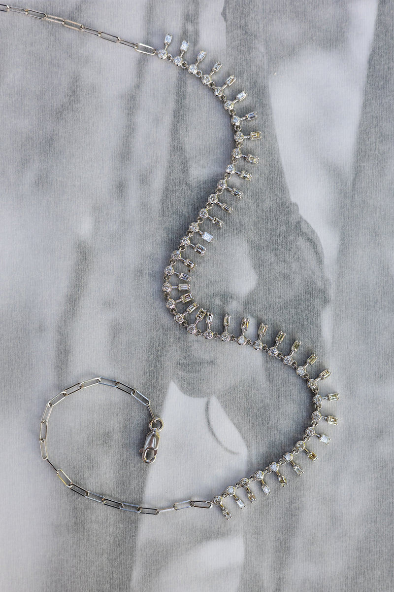 14 Karat White Gold Diamond Baguette Necklace