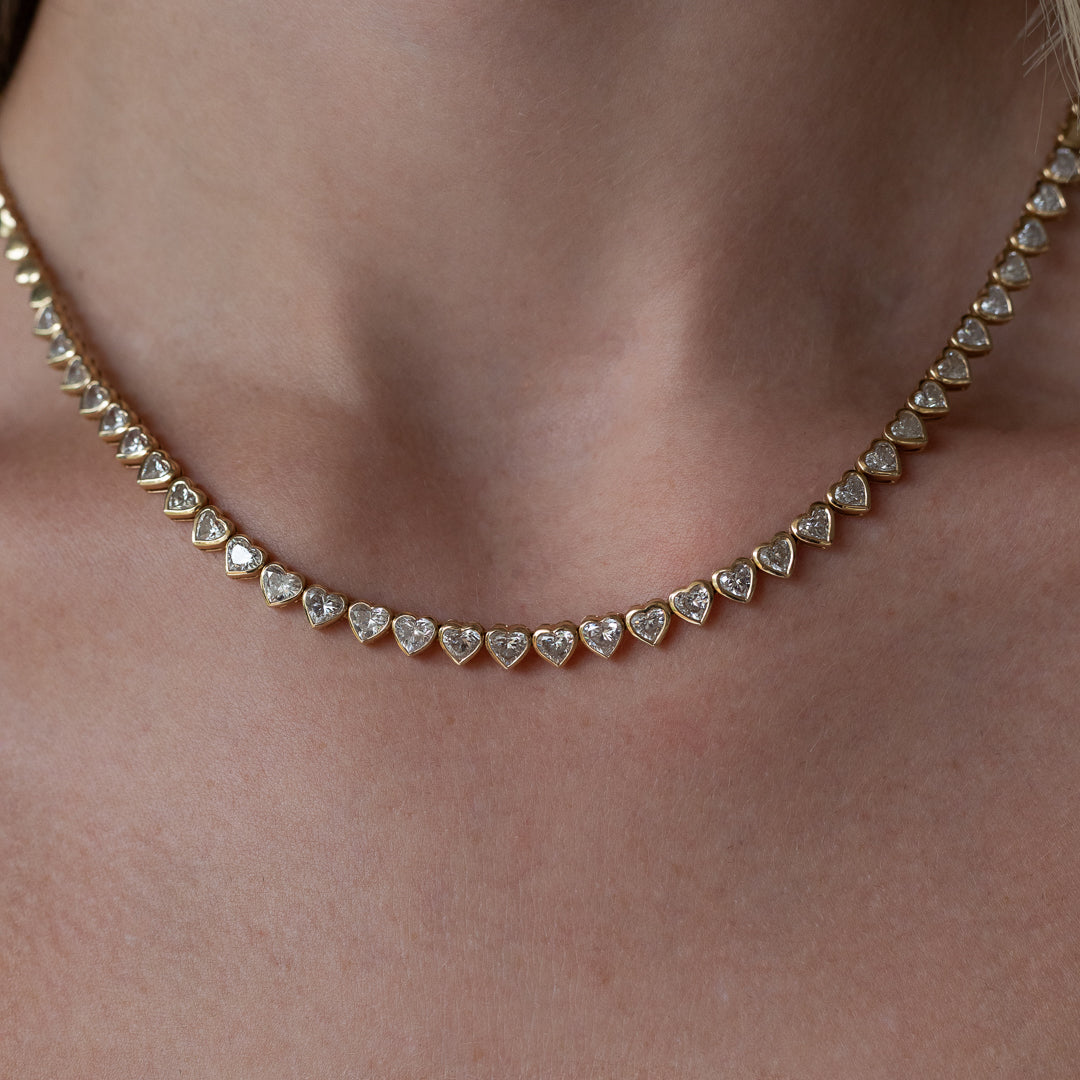 Yellow Gold Bezel Set 10.00cts Full Cut Diamond Heart 17.00" Tennis Necklace