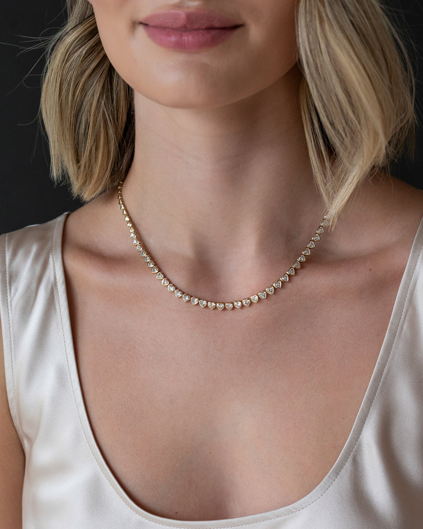 Yellow Gold Bezel Set 10.00cts Full Cut Diamond Heart 17.00" Tennis Necklace