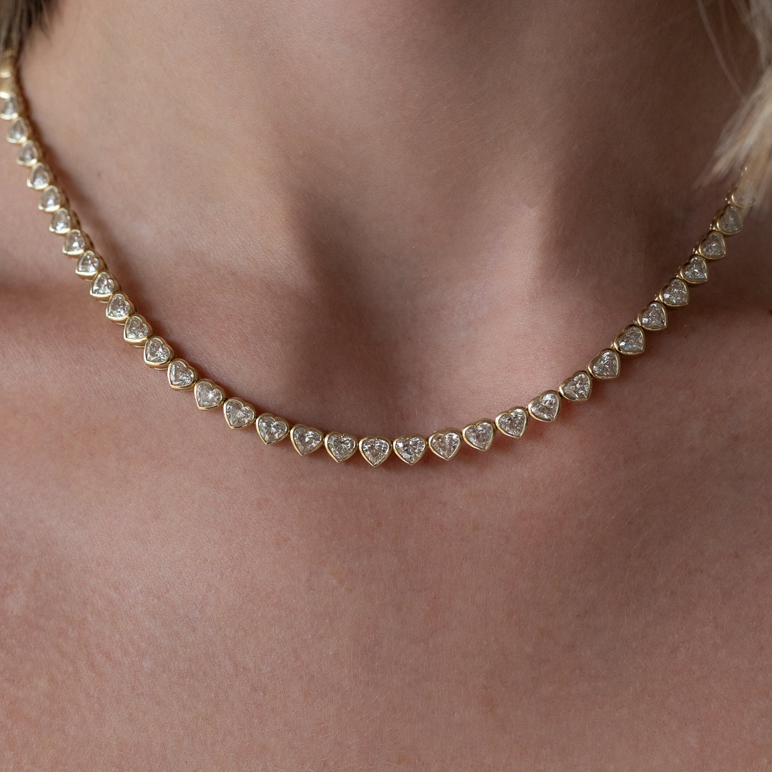 Yellow Gold Bezel Set 10.00cts Full Cut Diamond Heart 17.00" Tennis Necklace