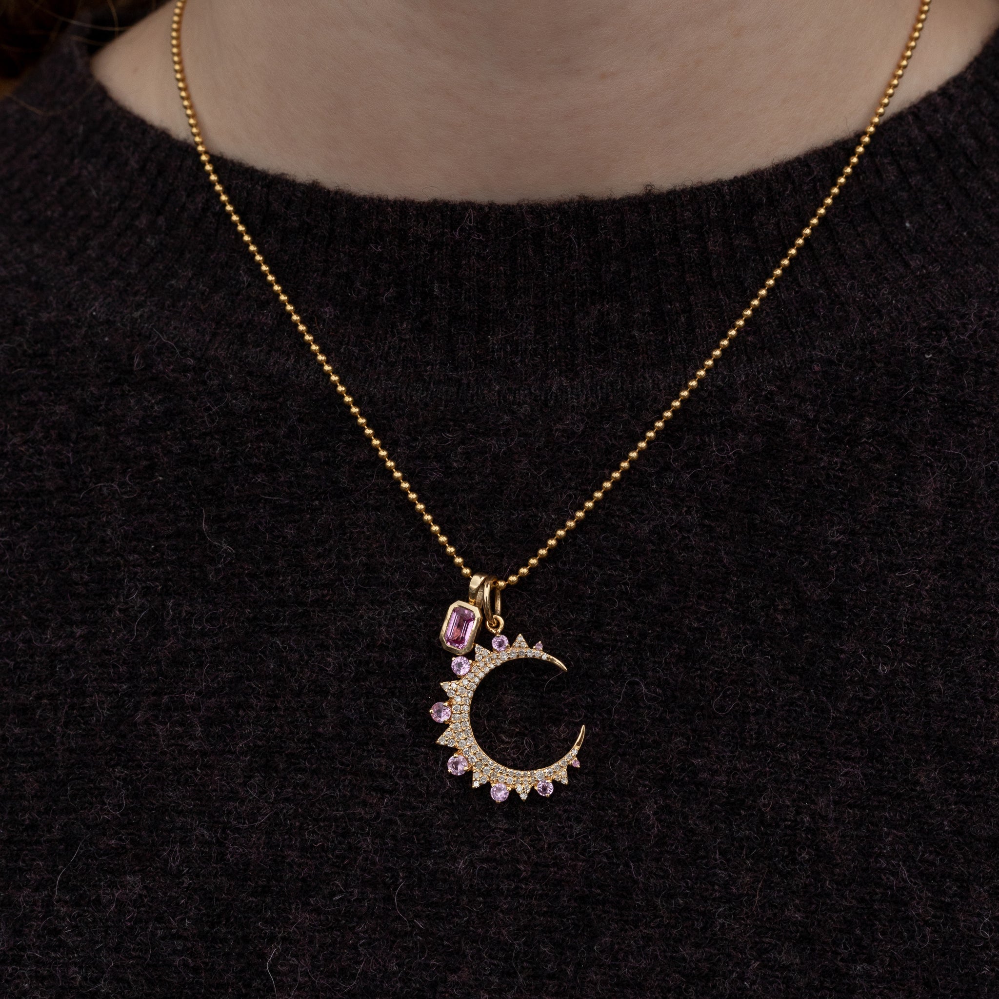 Yellow Gold Diamond and Pink Sapphire Medium Moon