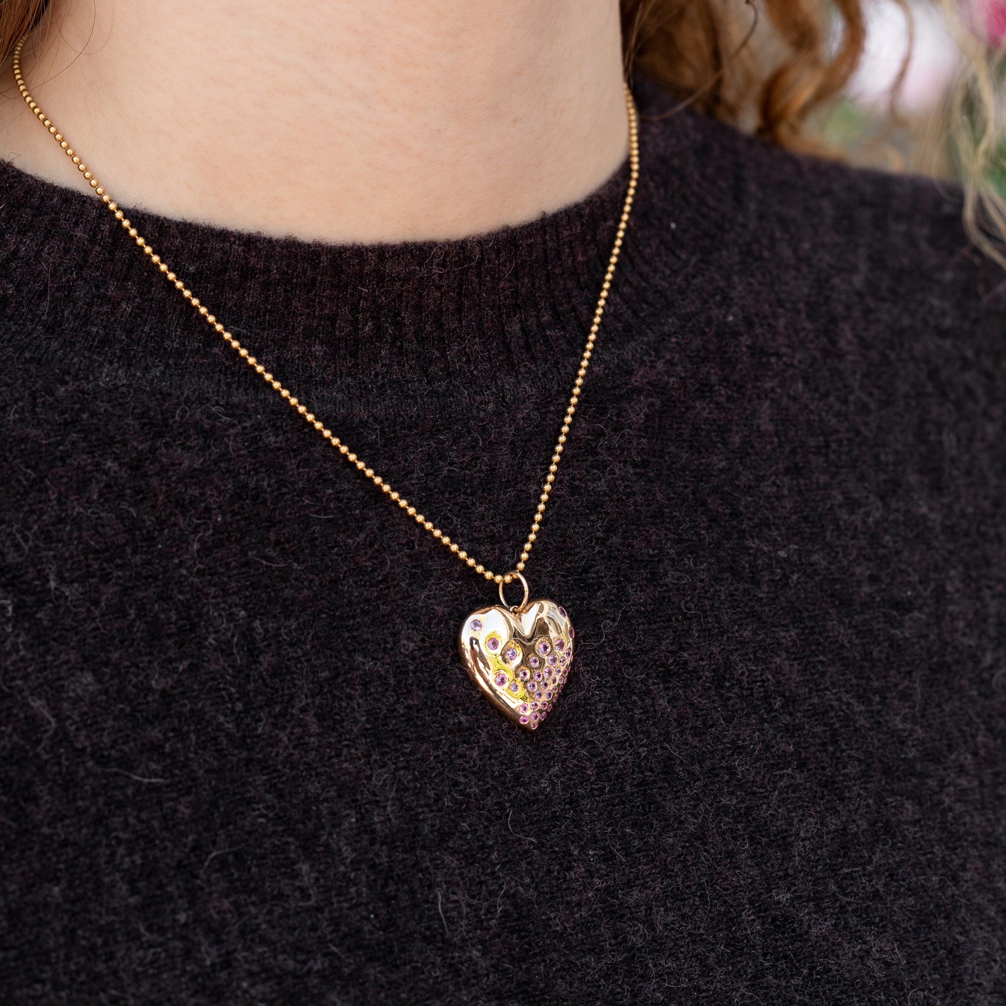 Yellow Gold Pink Sapphire Puffy Heart Pendant