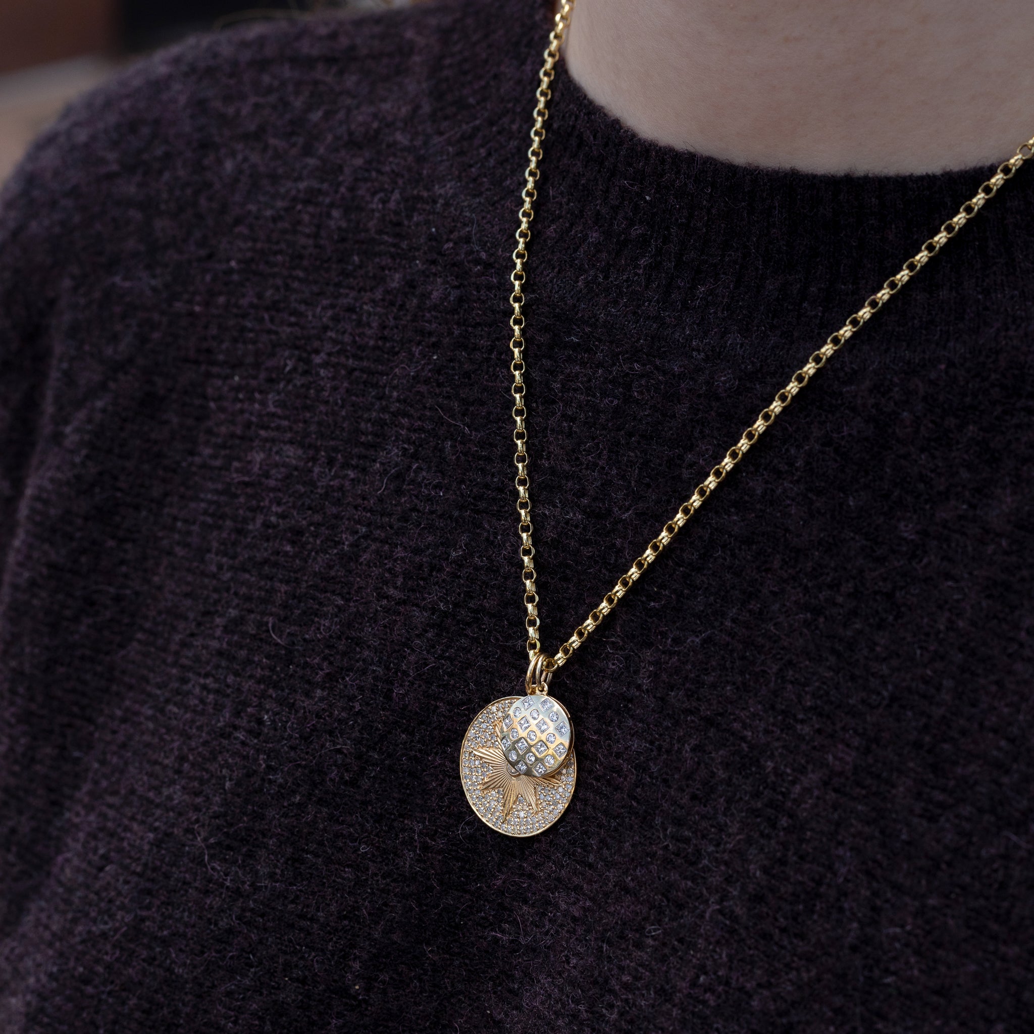 Yellow Gold Diamond Mixed Shape Disk Pendant