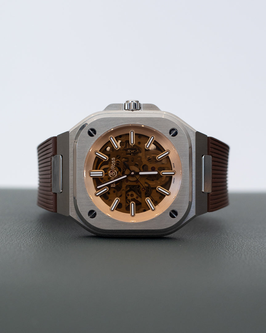 BELL & ROSS BR05-AUTO-STEEL-RUBBER-SKELETON GOLDEN-40MM