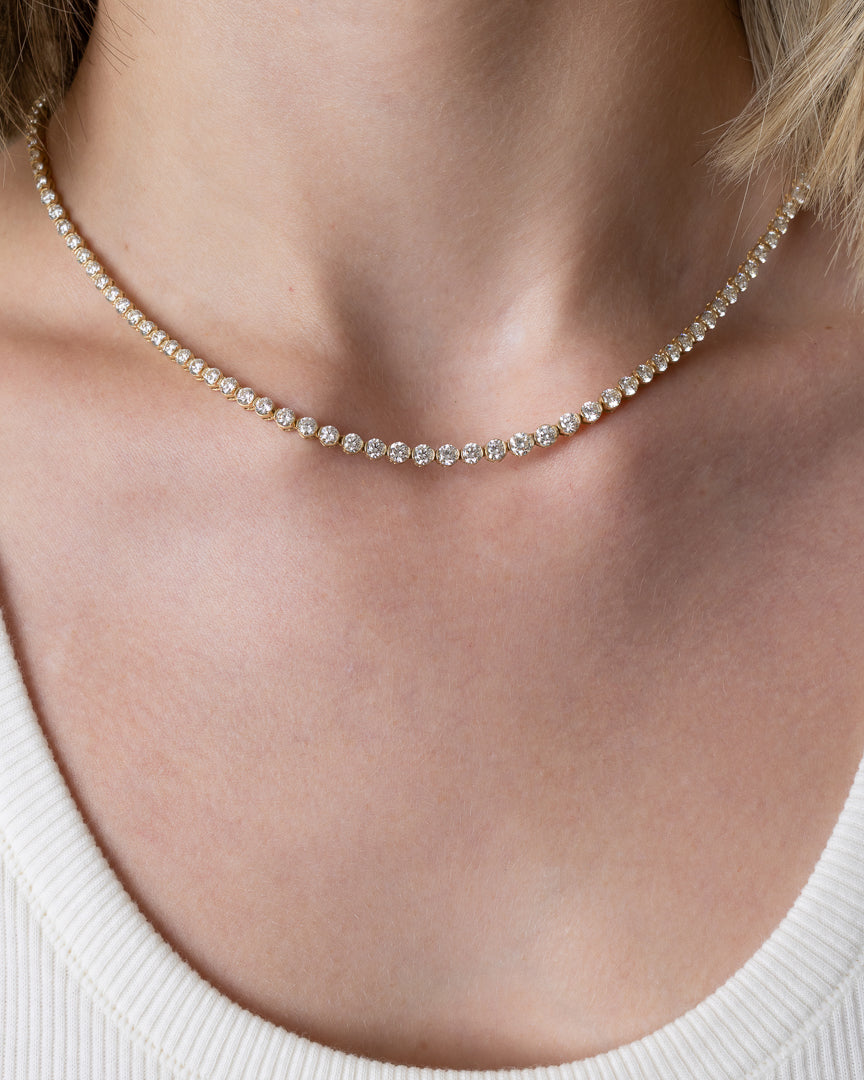 Yellow Gold Half Bezel All The Way 13.00cts Round Diamond 17.00" Tennis Necklace