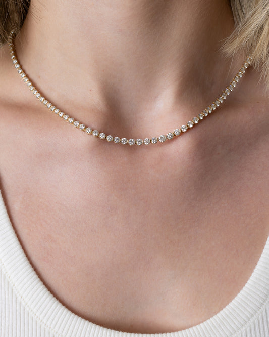 Yellow Gold Half Bezel All The Way 13.00cts Round Diamond 17.00" Tennis Necklace