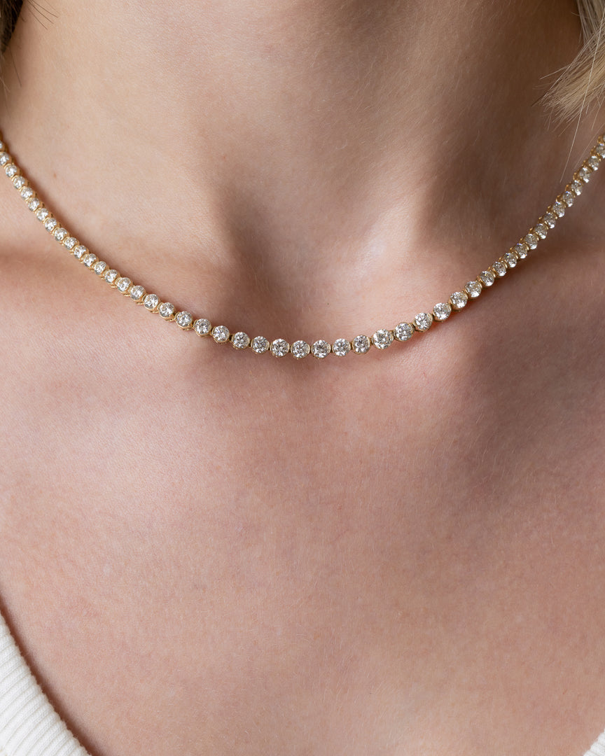 Yellow Gold Half Bezel All The Way 13.00cts Round Diamond 17.00" Tennis Necklace