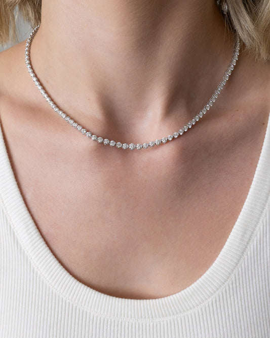 White Gold Half Bezel All The Way 13.00cts Round Diamond 17.00" Tennis Necklace
