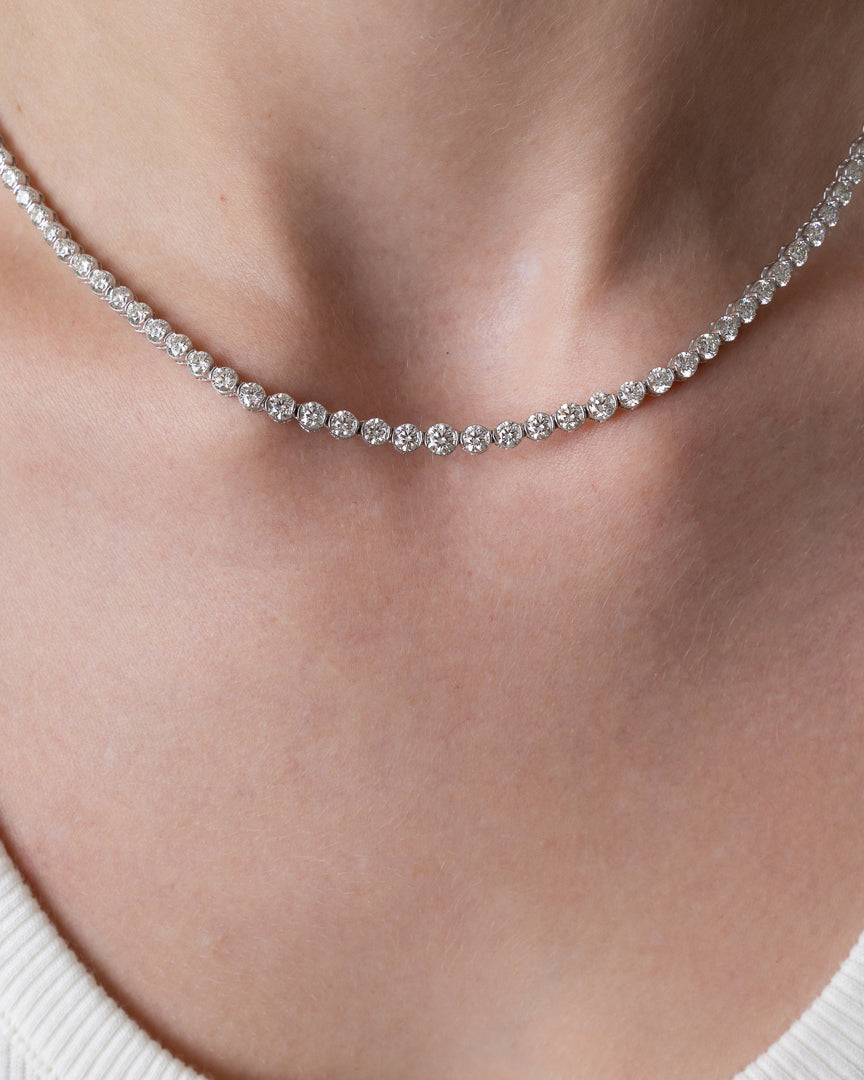 White Gold Half Bezel All The Way 13.00cts Round Diamond 17.00" Tennis Necklace