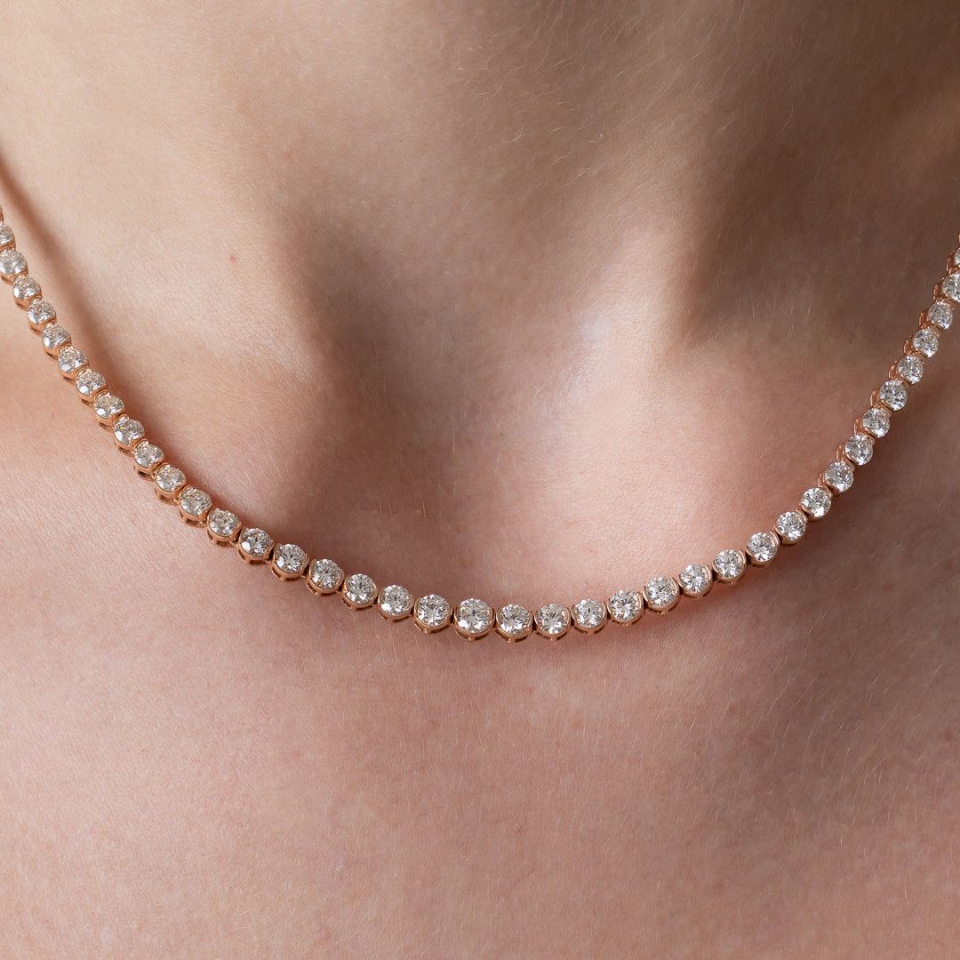 Rose Gold Half Bezel All The Way 13.00cts Round Diamond 17.00" Tennis Necklace