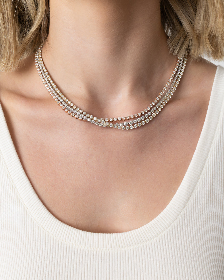 Rose Gold Half Bezel All The Way 13.00cts Round Diamond 17.00" Tennis Necklace