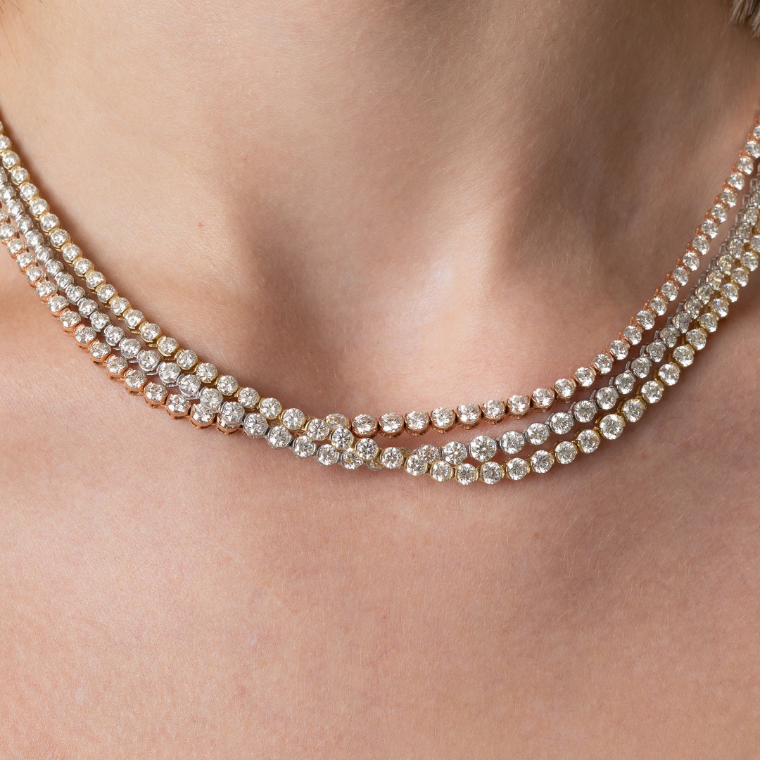 Yellow Gold Half Bezel All The Way 13.00cts Round Diamond 17.00" Tennis Necklace