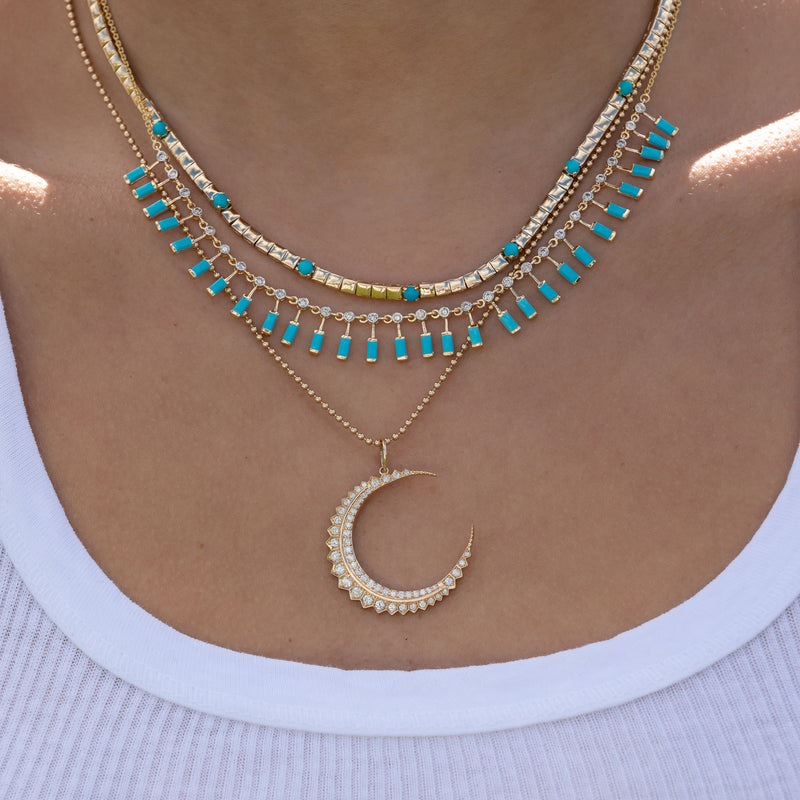 14 Karat Yellow Gold Seven Round Turquoise Tennis Necklace