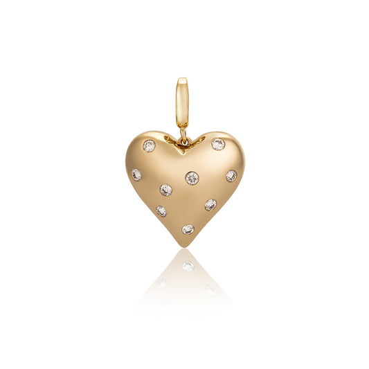 14 Karat Yellow Gold and Diamond Puffy Heart Pendant