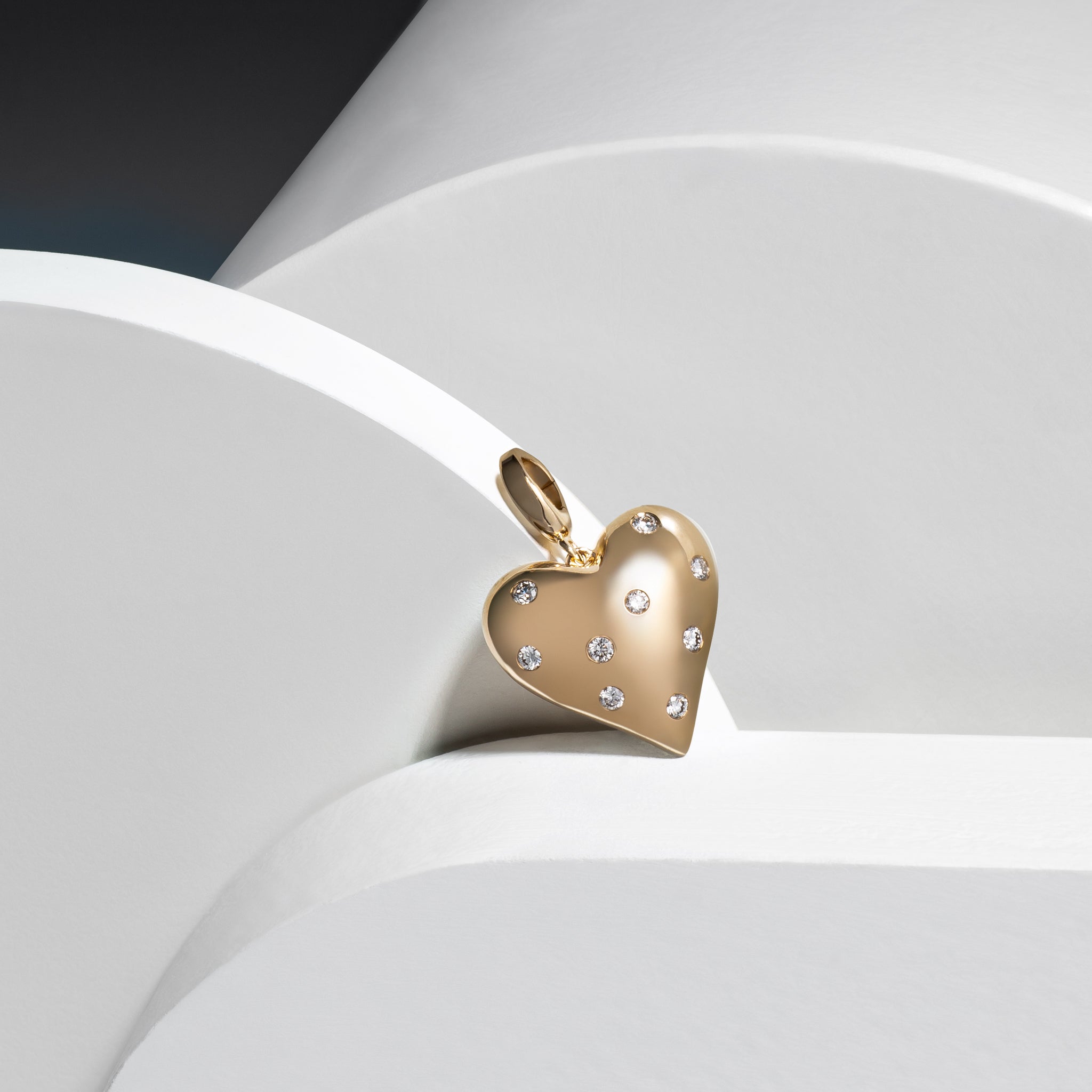 14 Karat Yellow Gold and Diamond Puffy Heart Pendant