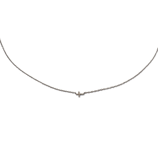 Sterling and Pave Diamond Itsy Horizontal Cross Pendant Necklace