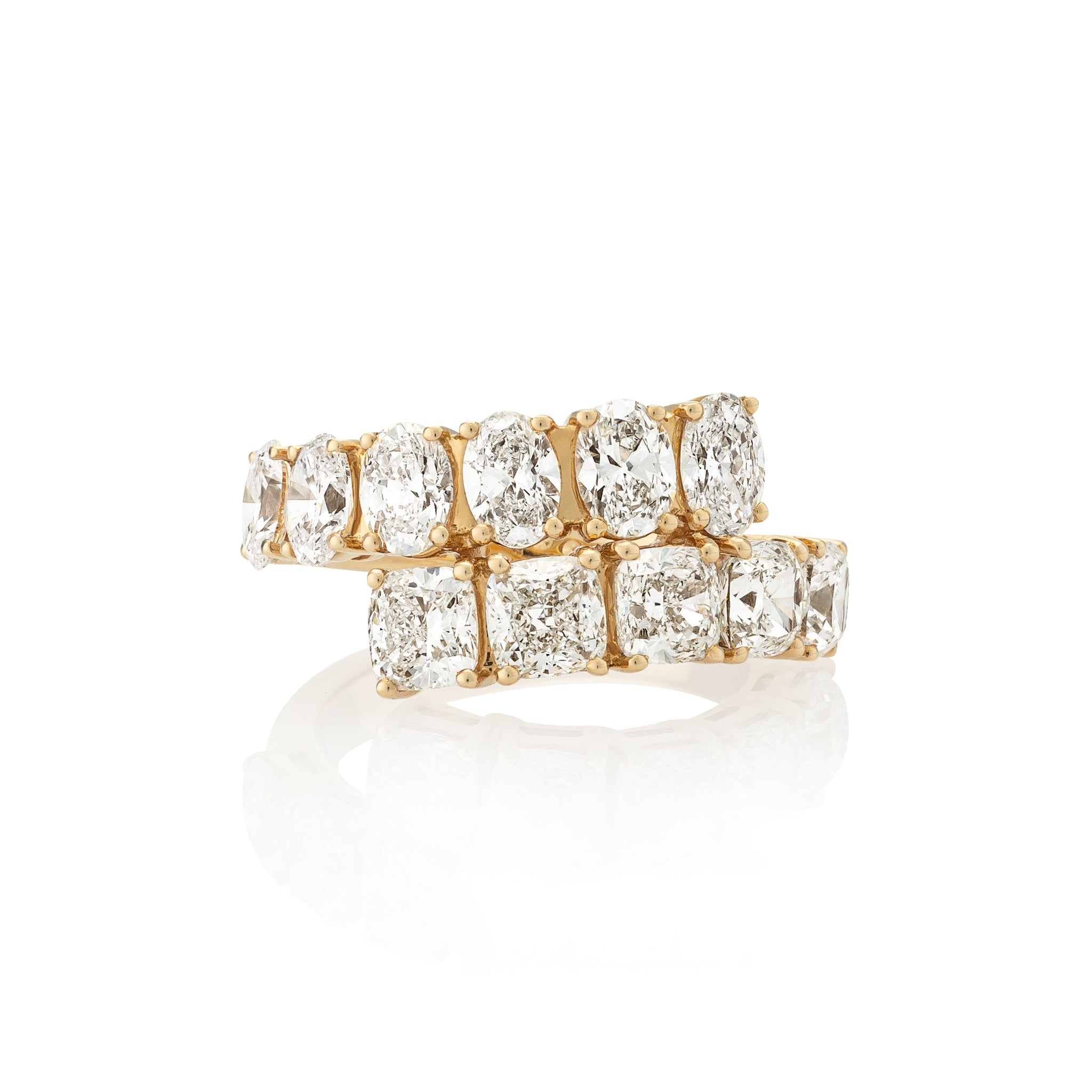 18 Karat Yellow Gold Oval and Cushion Diamond Bypass Ring