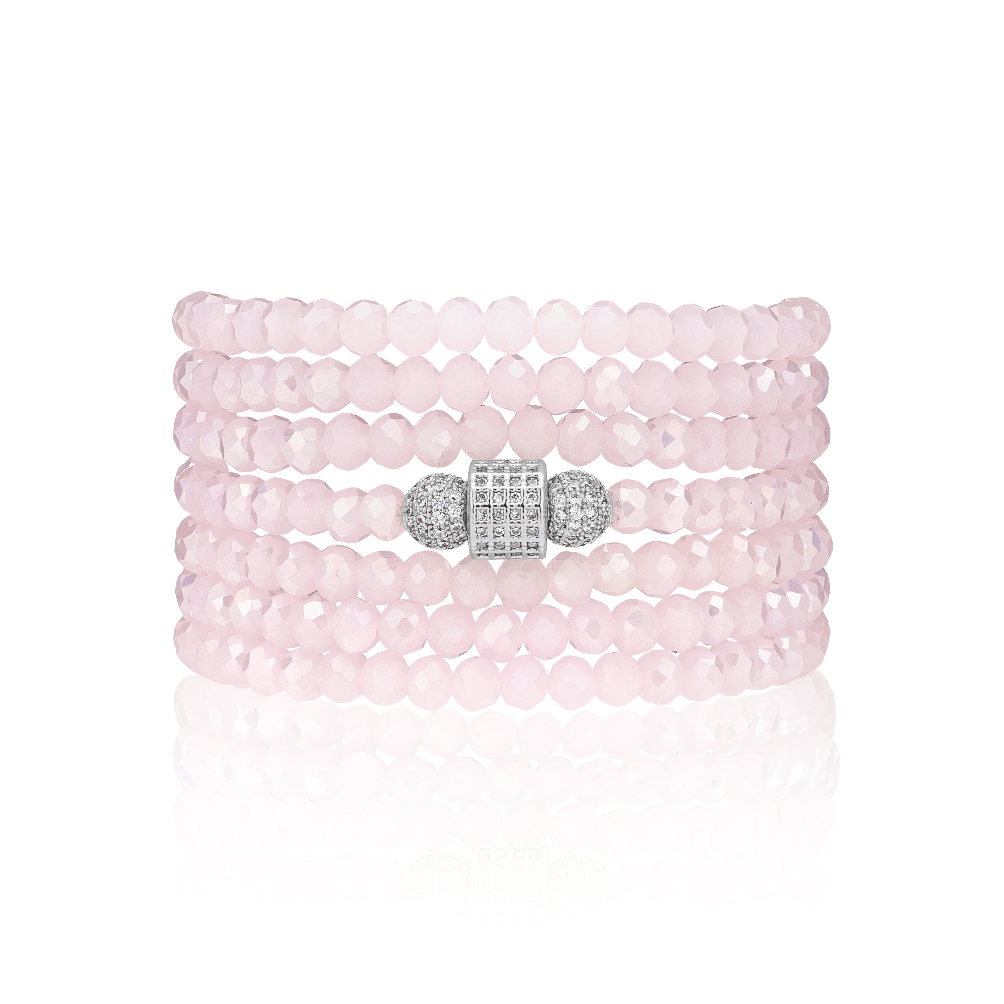 4mm Pink Crystal with Silver Cubic Zirconia Seven Wrap Bracelet and Necklace