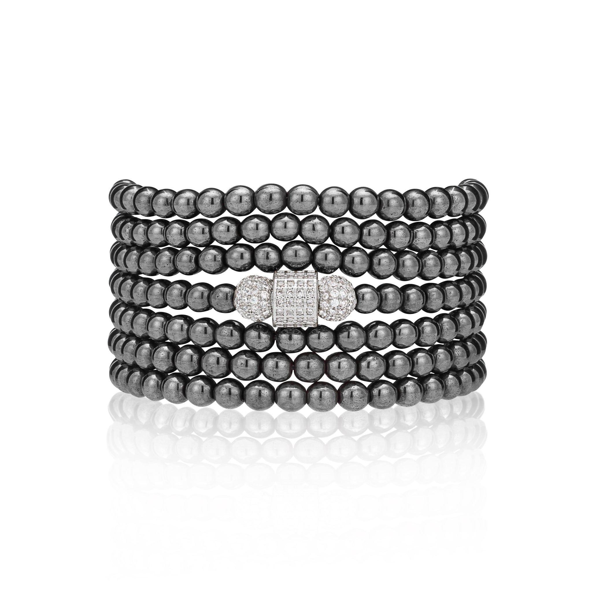 4mm Hematite with Silver Cubic Zirconia Seven Wrap Bracelet and Necklace