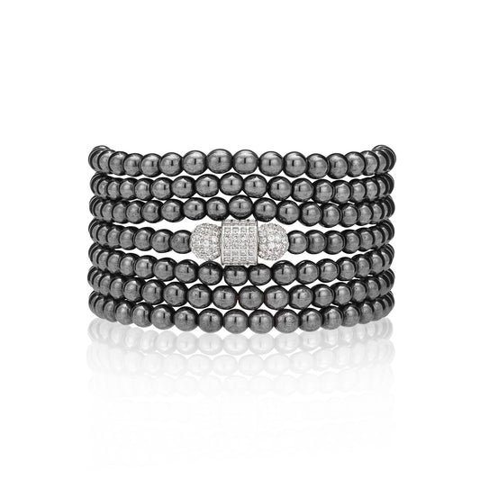 4mm Hematite with Silver Cubic Zirconia Seven Wrap Bracelet and Necklace
