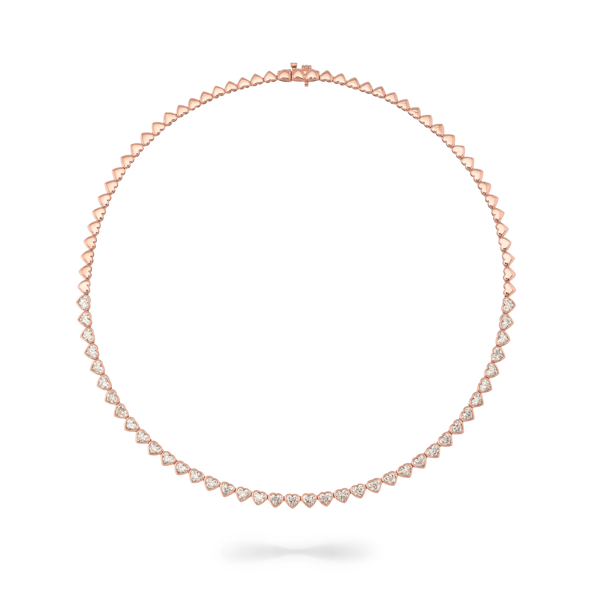 Rose Gold Bezel Set 10.00cts Full Cut Diamond Heart 17.00" Tennis Necklace