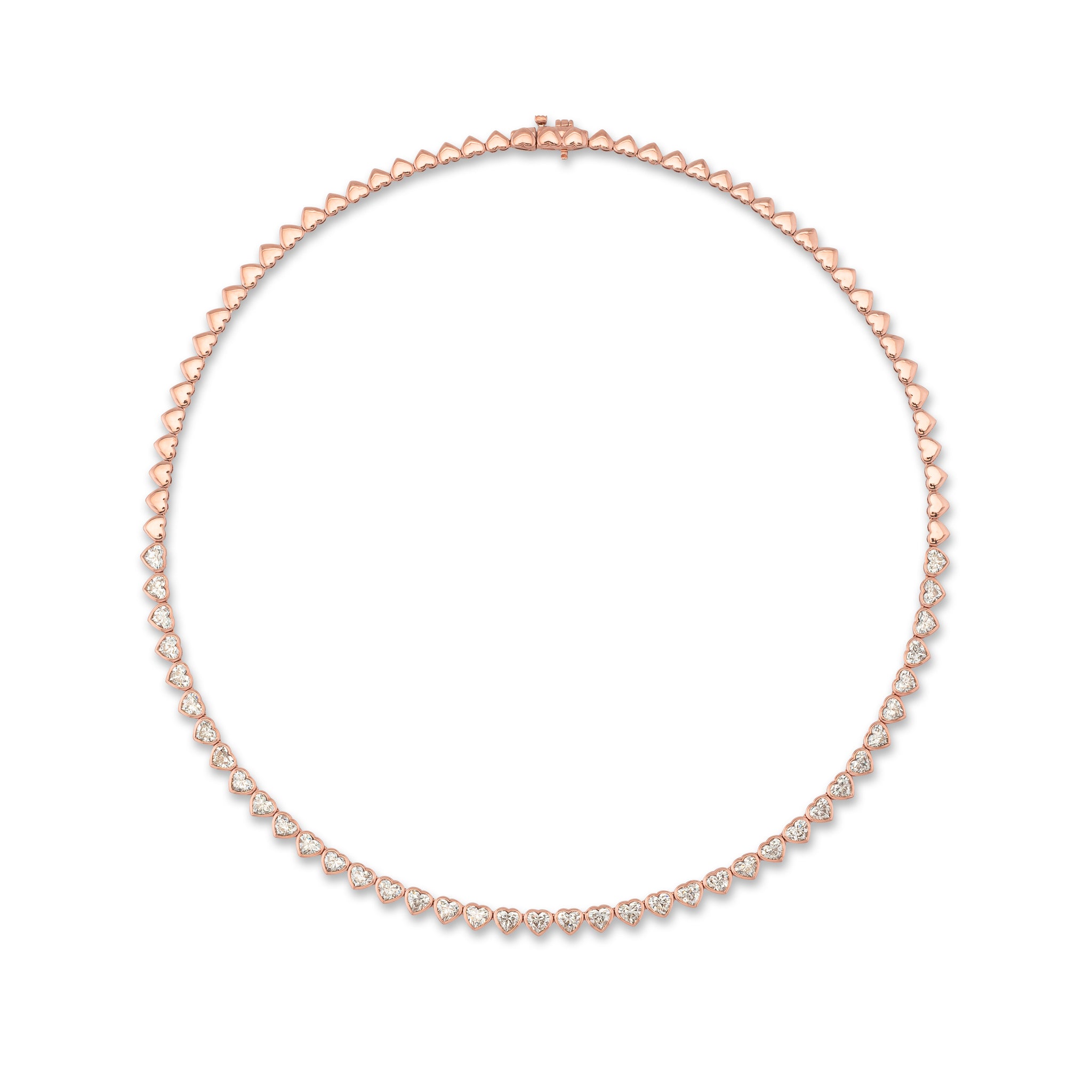 Rose Gold Bezel Set 10.00cts Full Cut Diamond Heart 17.00" Tennis Necklace