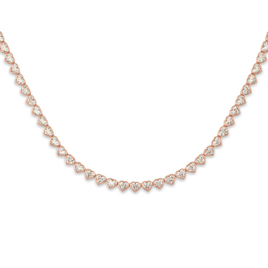 Rose Gold Bezel Set 10.00cts Full Cut Diamond Heart 17.00" Tennis Necklace