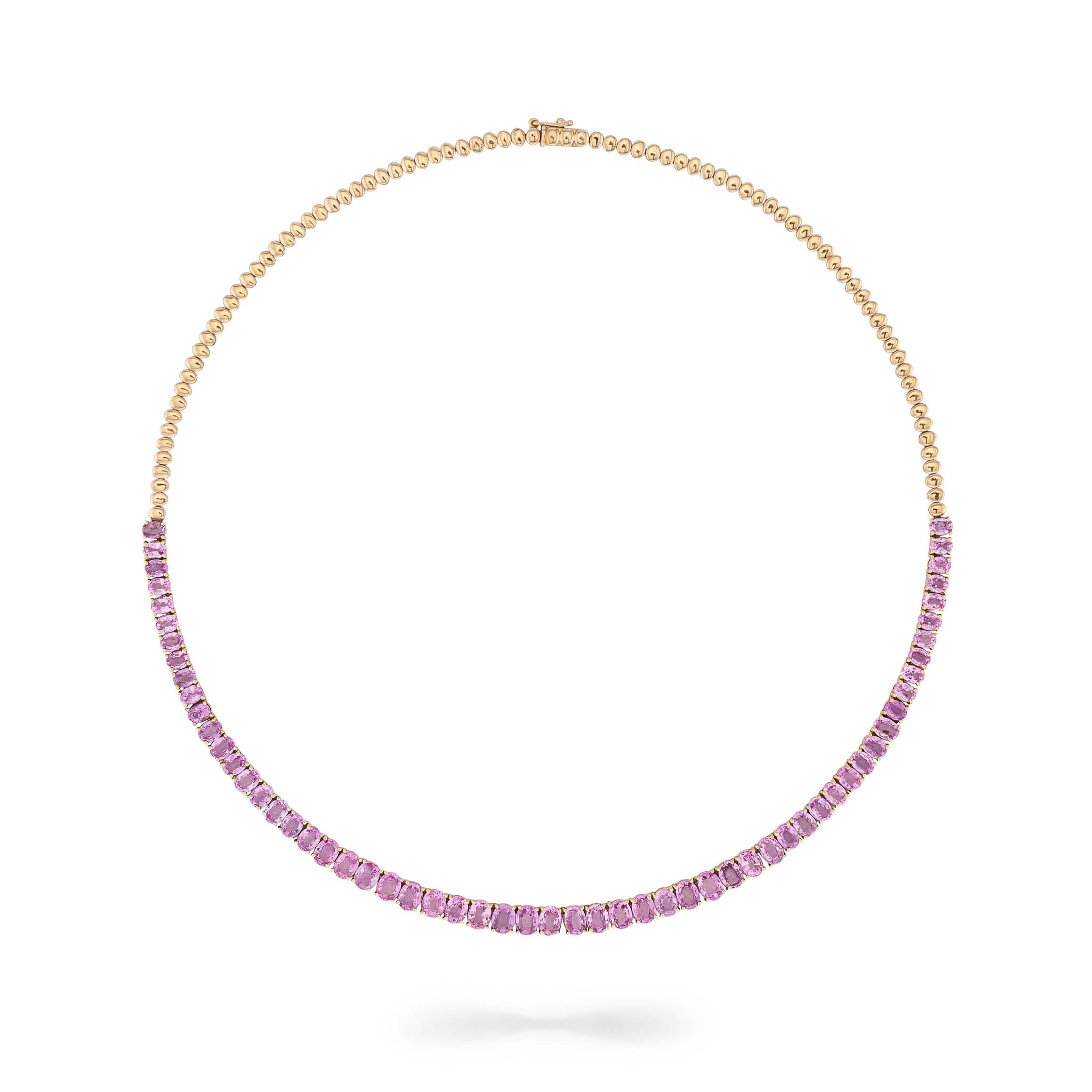 14 Karat Gold and Pink Sapphire 10.00cts Oval 16.00" Tennis Necklace