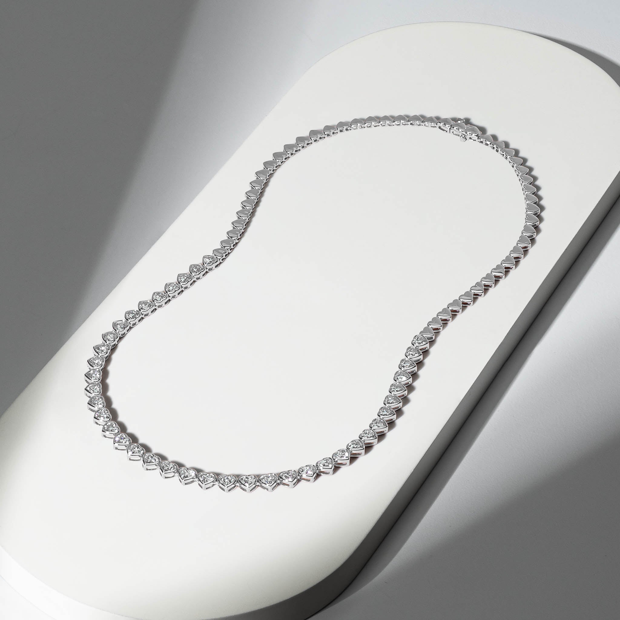 White Gold Bezel Set 10.00cts Full Cut Diamond Heart 17.00" Tennis Necklace
