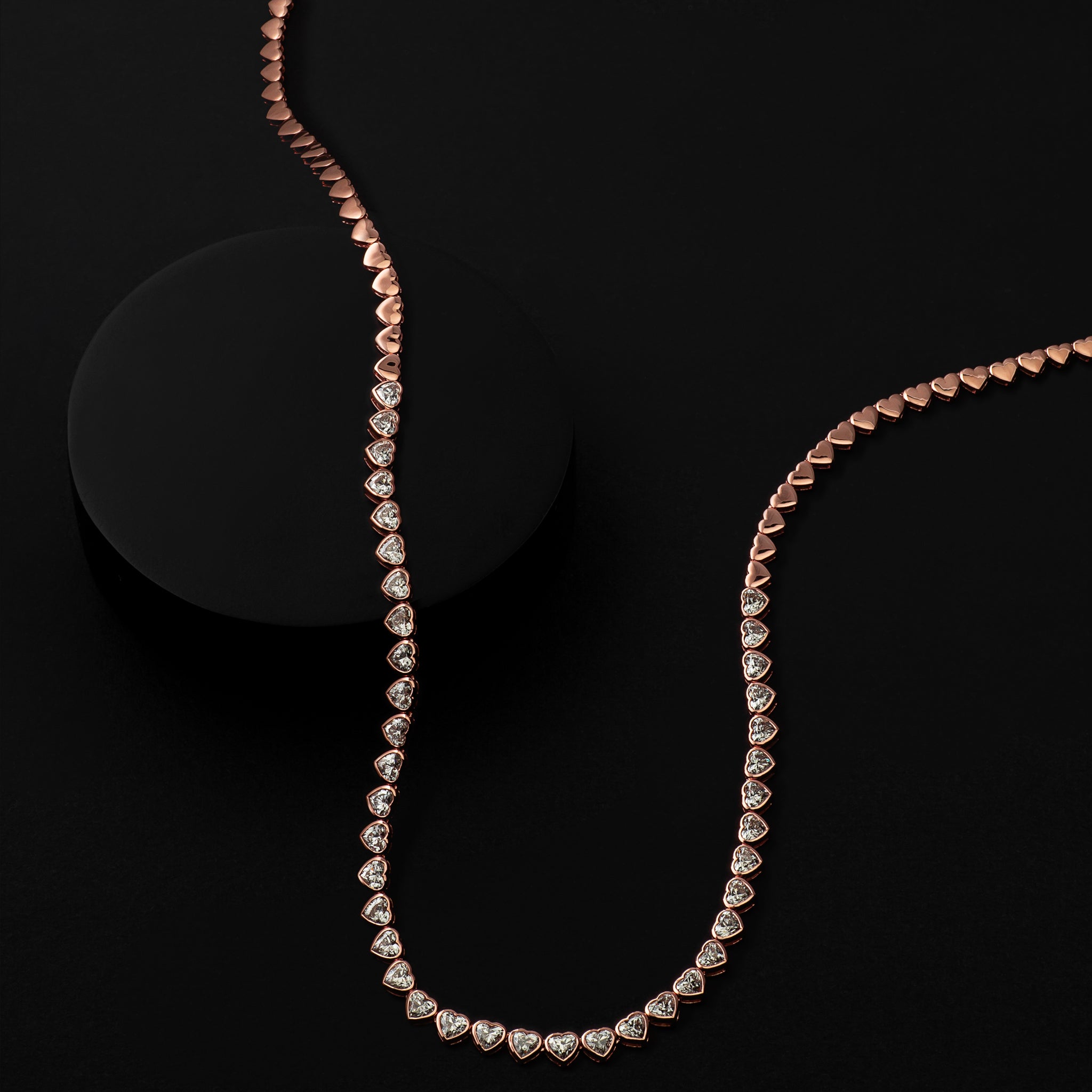 Rose Gold Bezel Set 10.00cts Full Cut Diamond Heart 17.00" Tennis Necklace