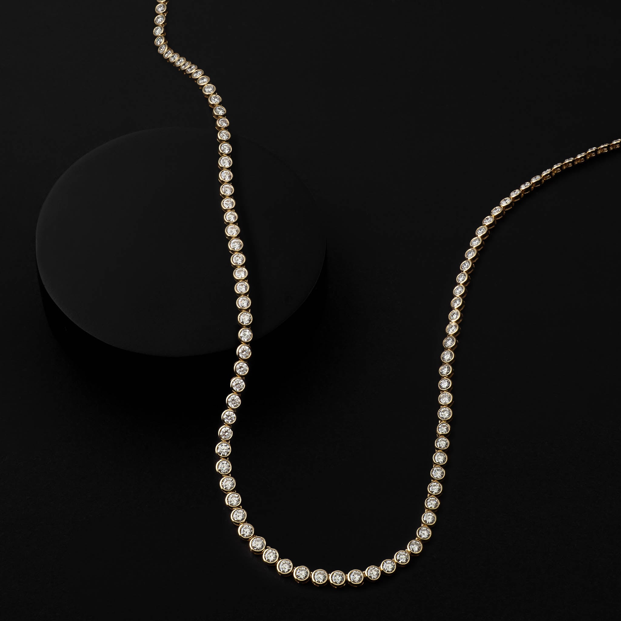 Yellow Gold Bezel All The Way 14.00cts Round Diamond 17.00" Tennis Necklace