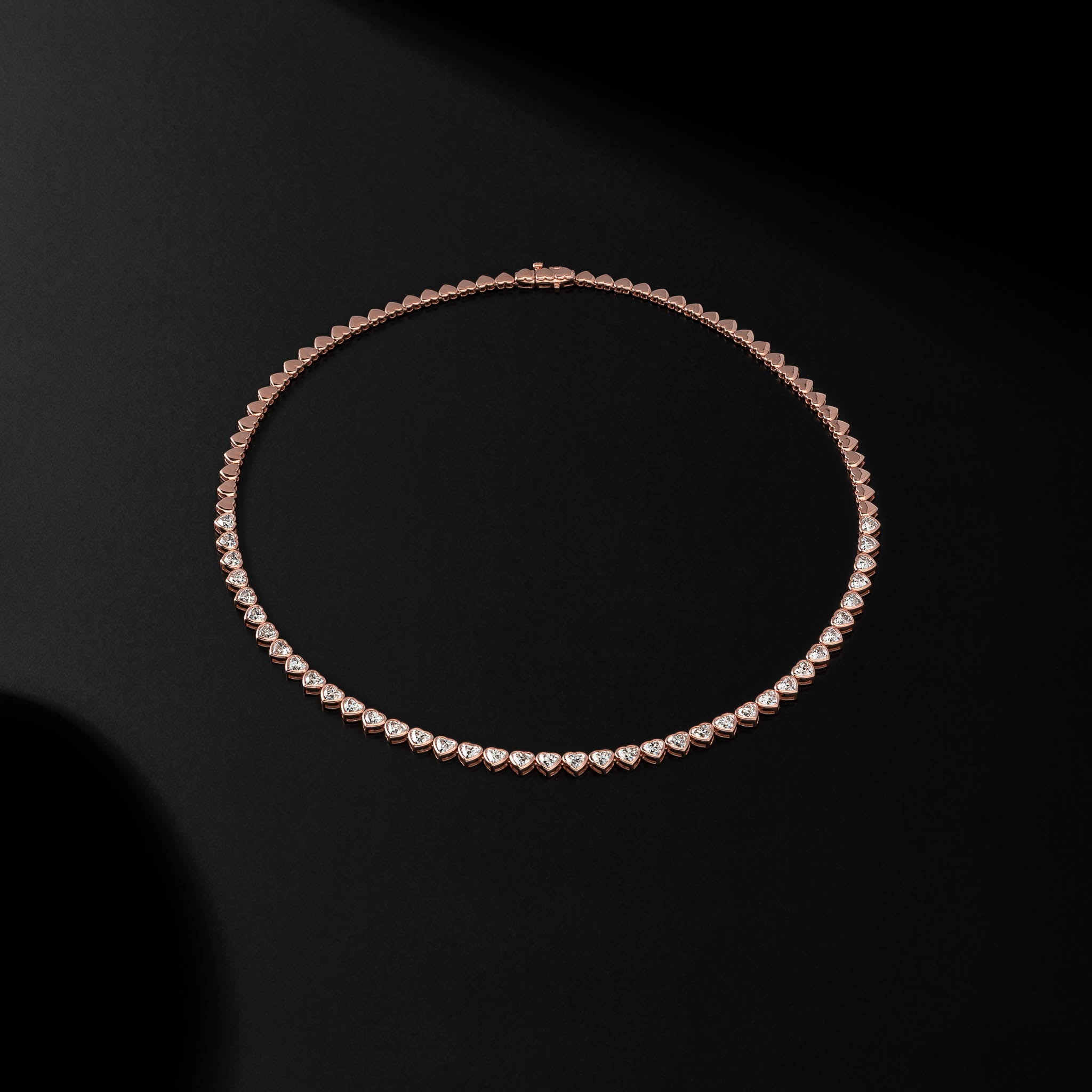 Rose Gold Bezel Set 10.00cts Full Cut Diamond Heart 17.00" Tennis Necklace