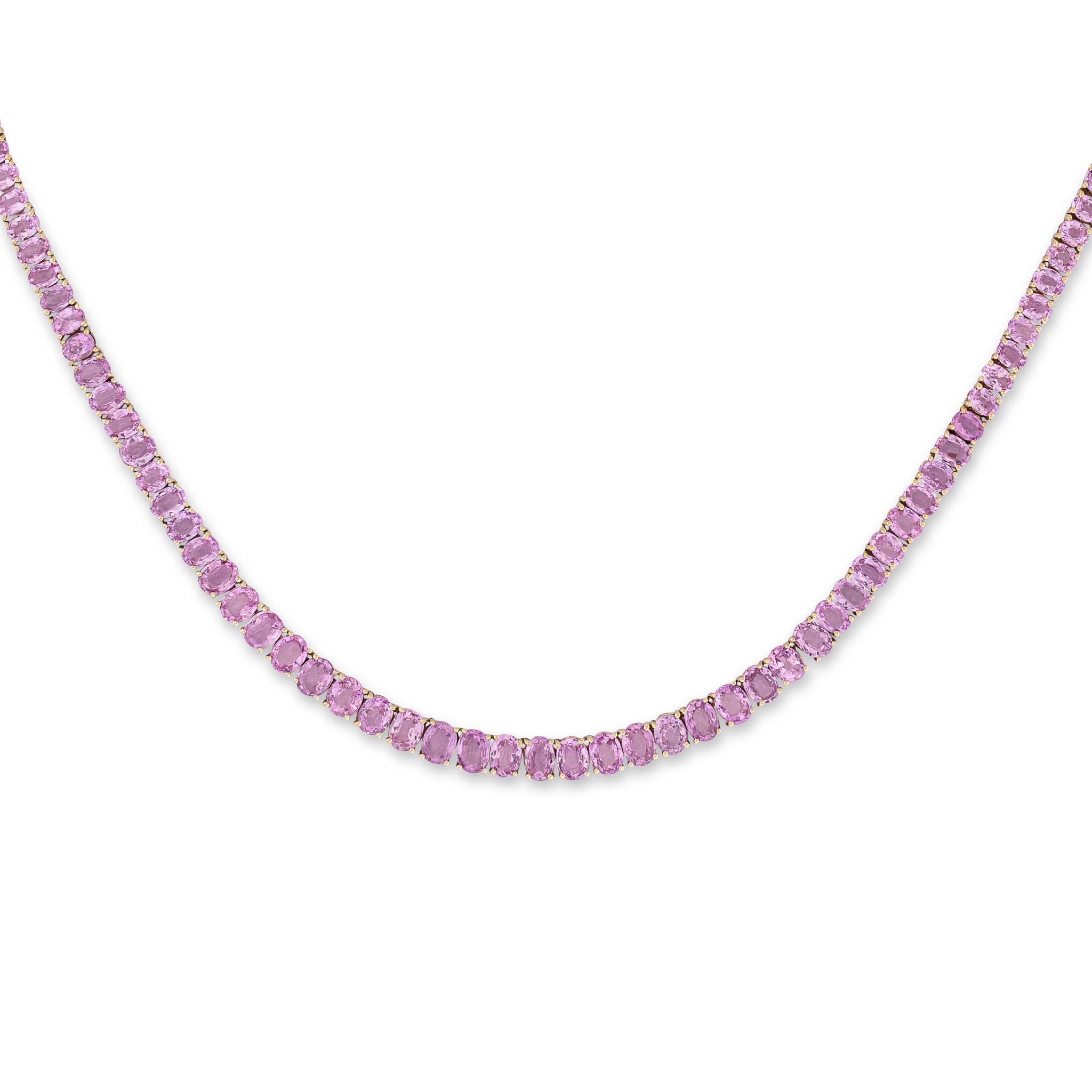 14 Karat Gold and Pink Sapphire 10.00cts Oval 16.00" Tennis Necklace