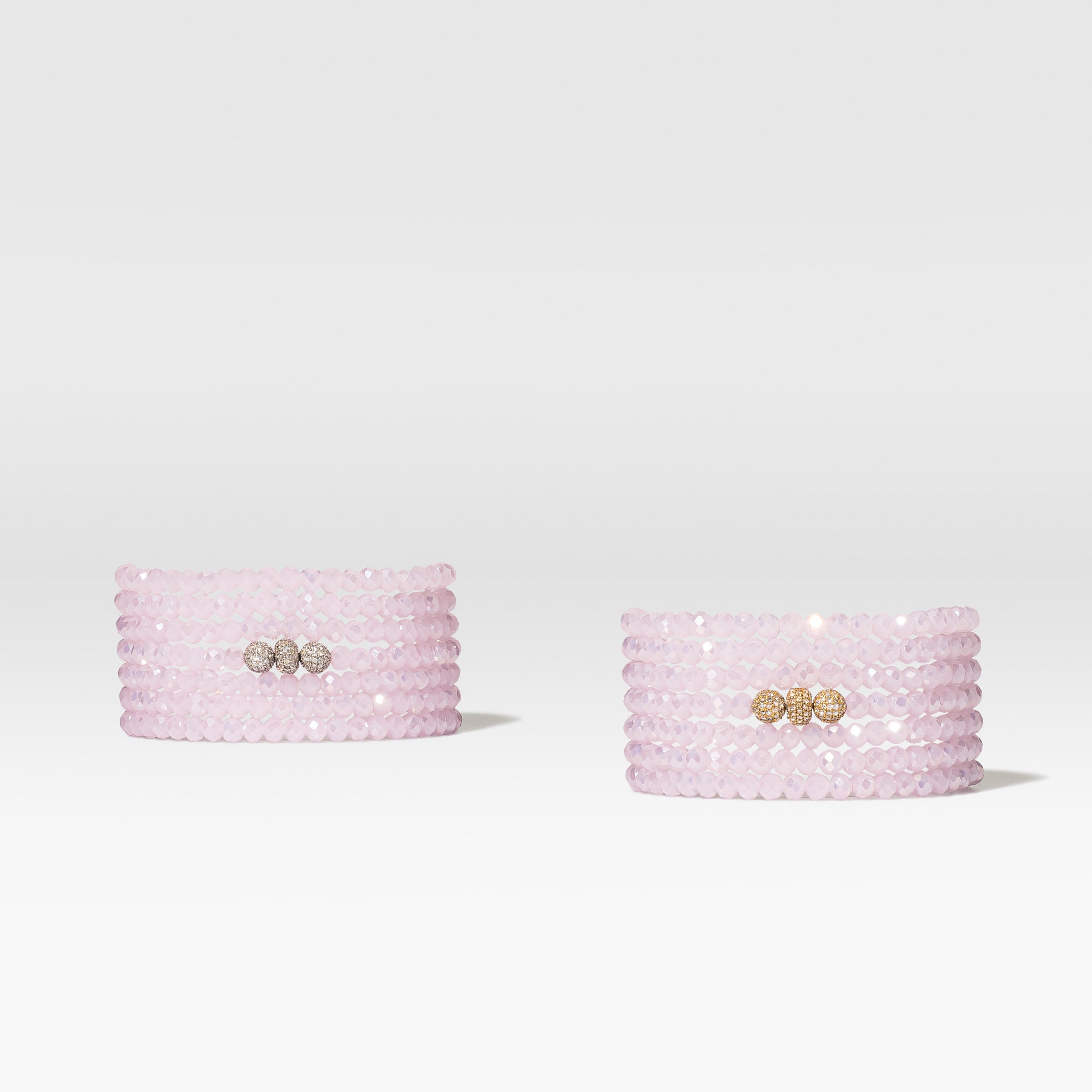 4mm Pink Crystal and Yellow Gold Diamond Accent Seven Wrap Beaded Bracelet