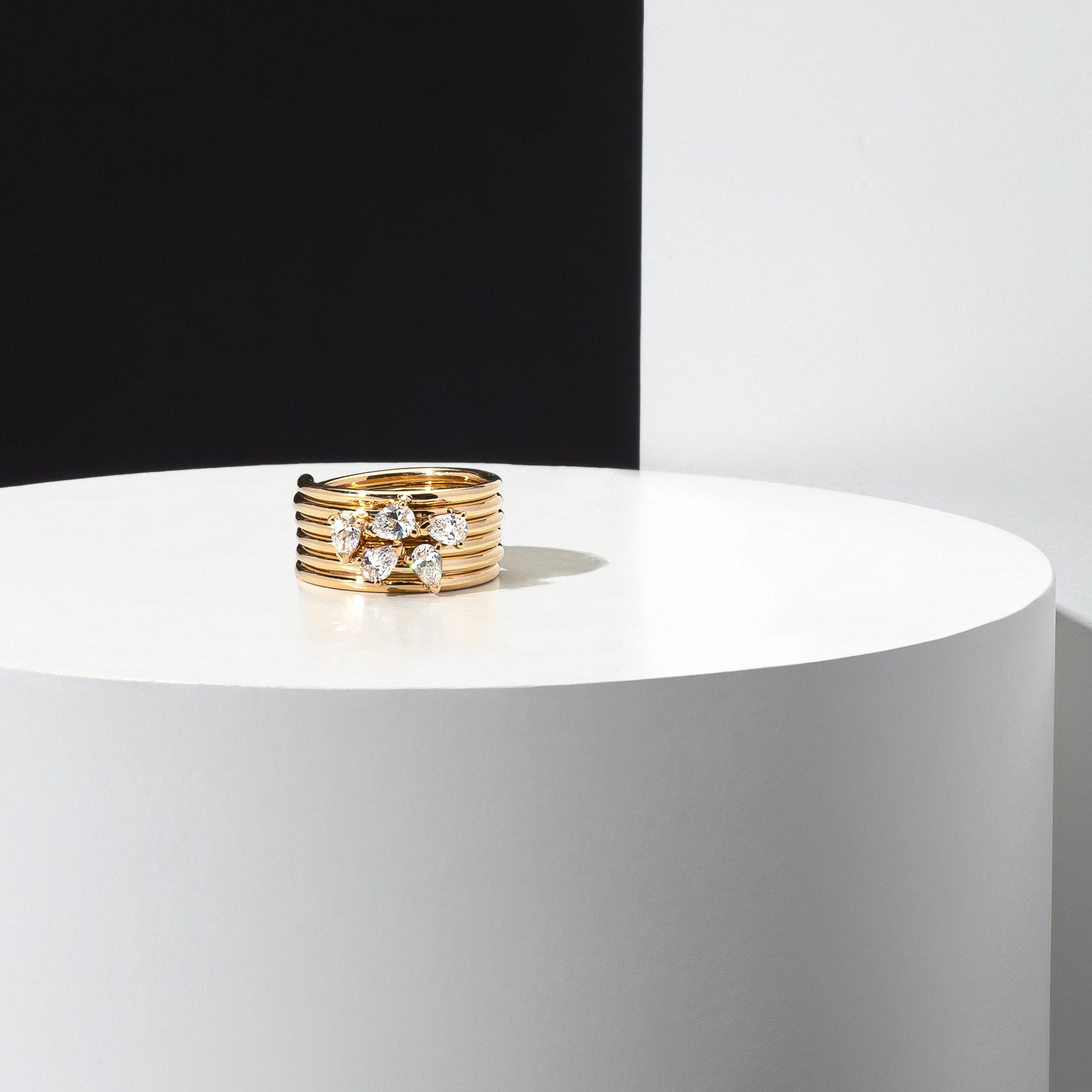 14 Karat Yellow Gold Pear Diamond Barrel Pinky Ring