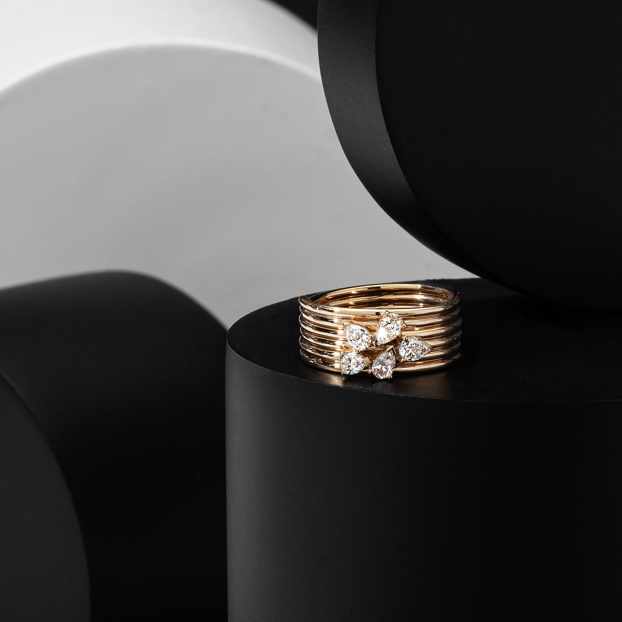 14 Karat Yellow Gold Pear Diamond Barrel Ring