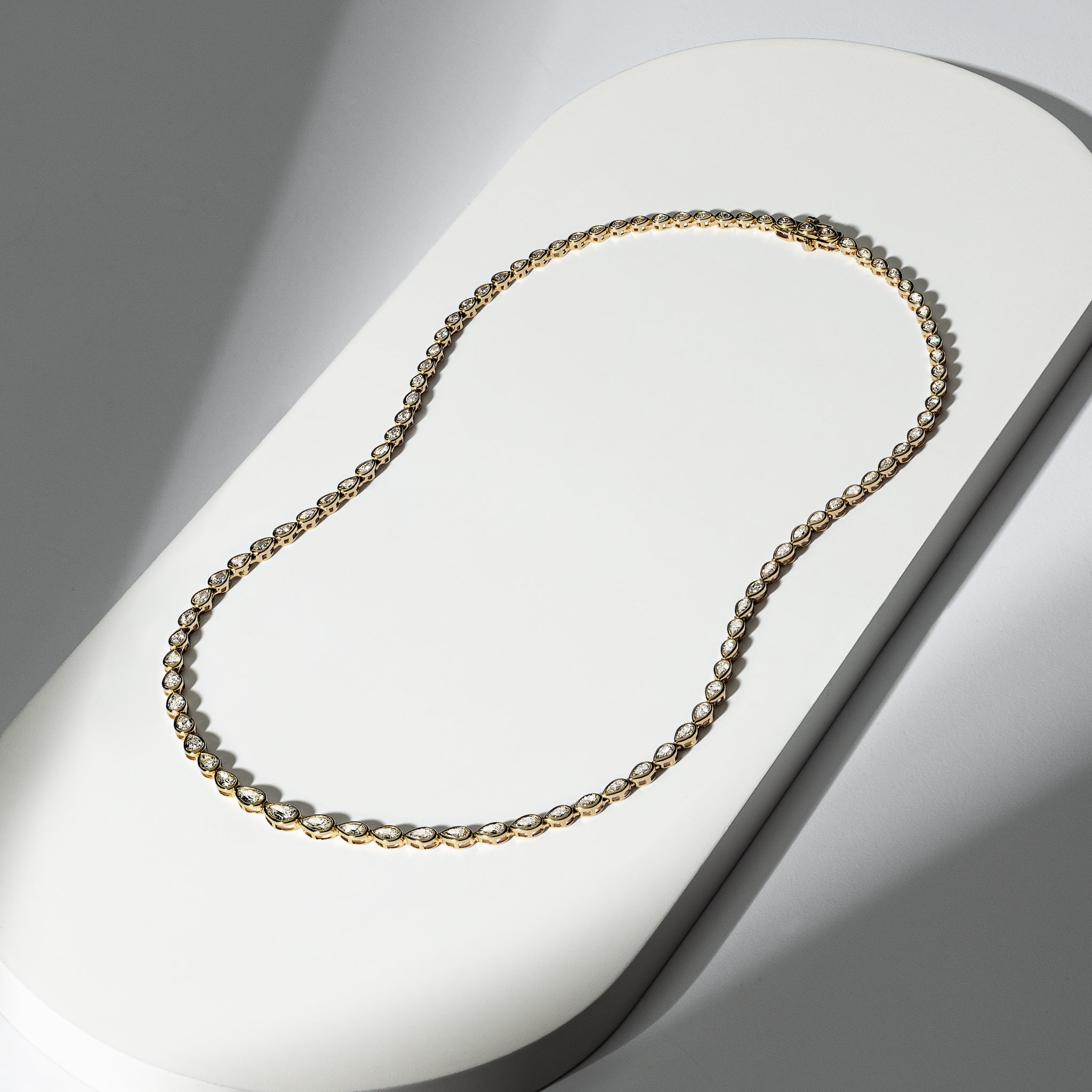 Yellow Gold Bezel All The Way 7.00cts Pear Diamond 17.00" Tennis Necklace
