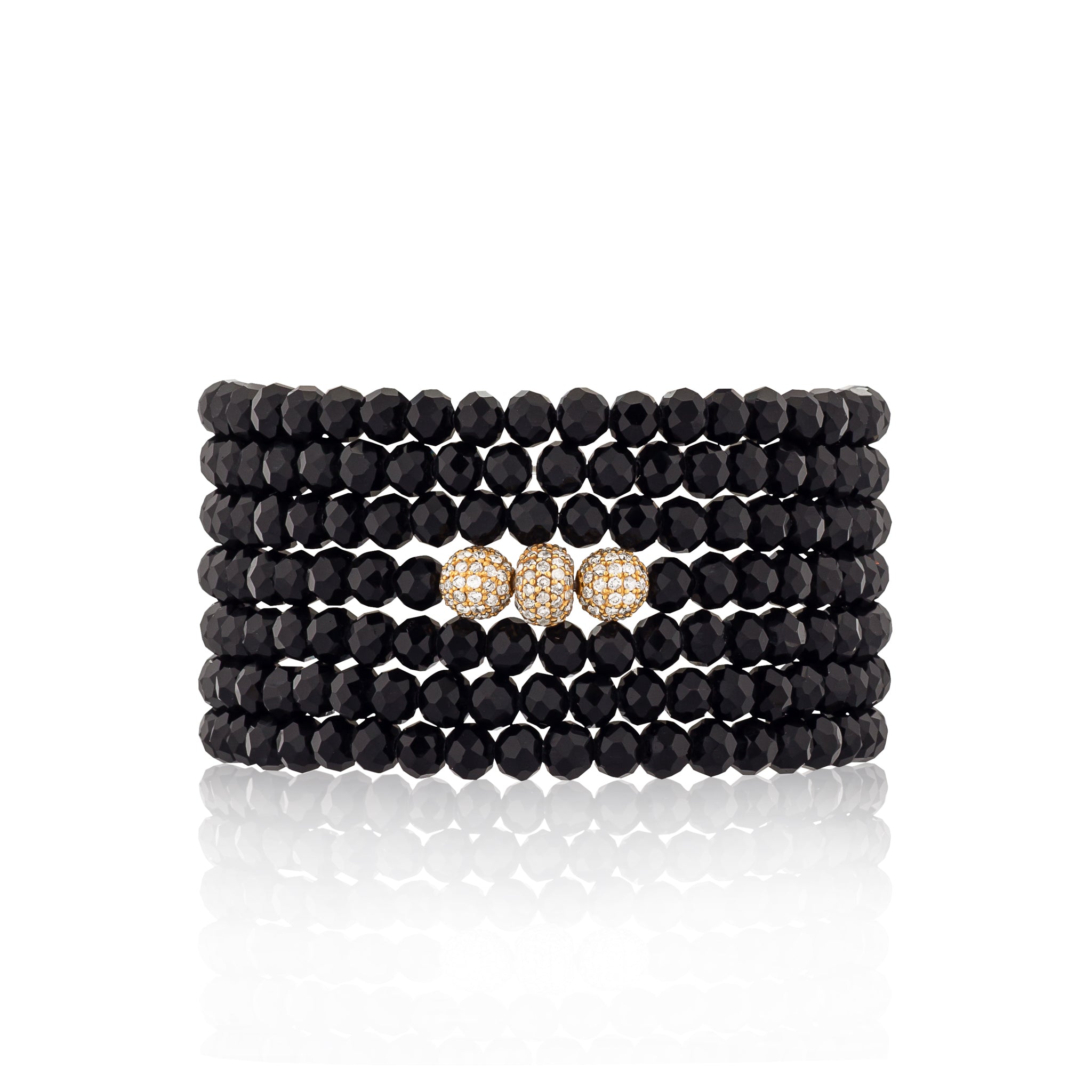 4mm Black Crystal and Yellow Gold Diamond Accent Seven Wrap Beaded Bracelet