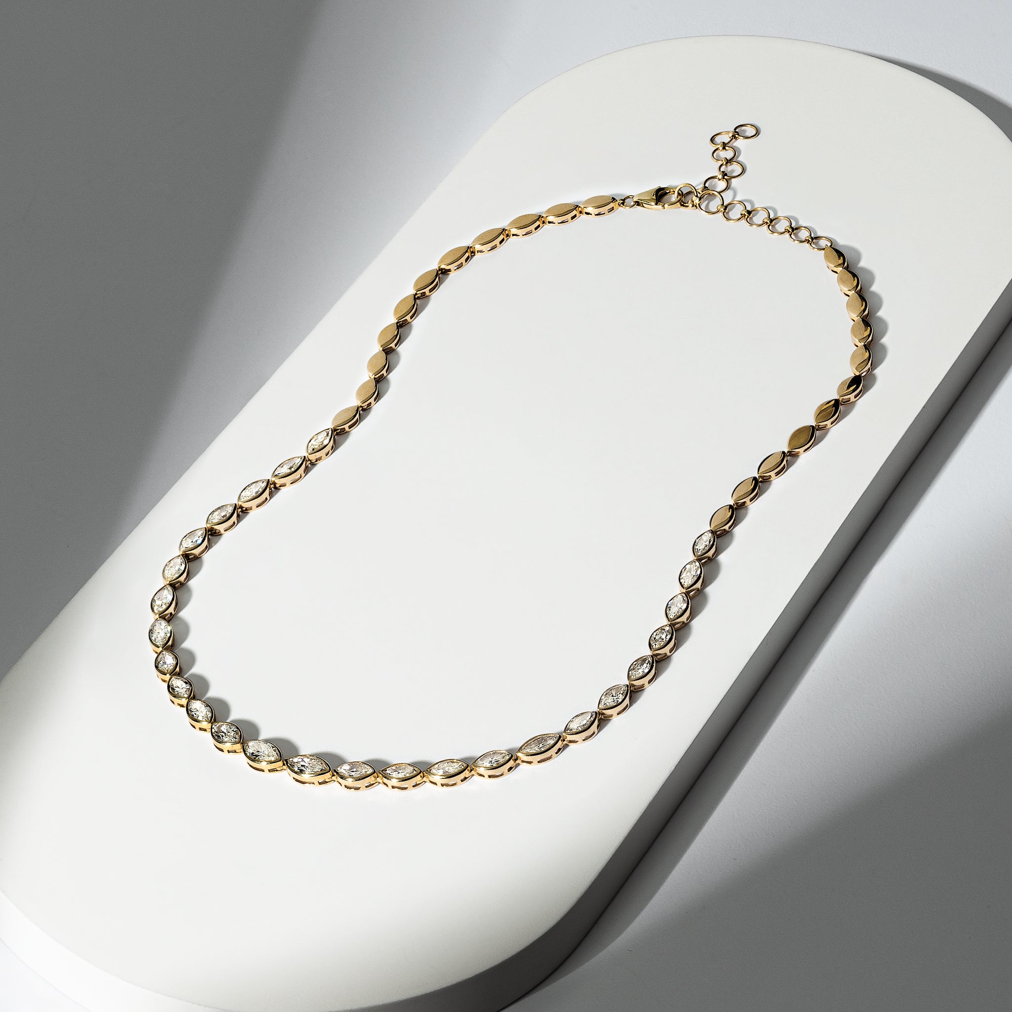 Yellow Gold Bezel Half Way 13.00cts Marquise Diamond Adjustable Tennis Necklace