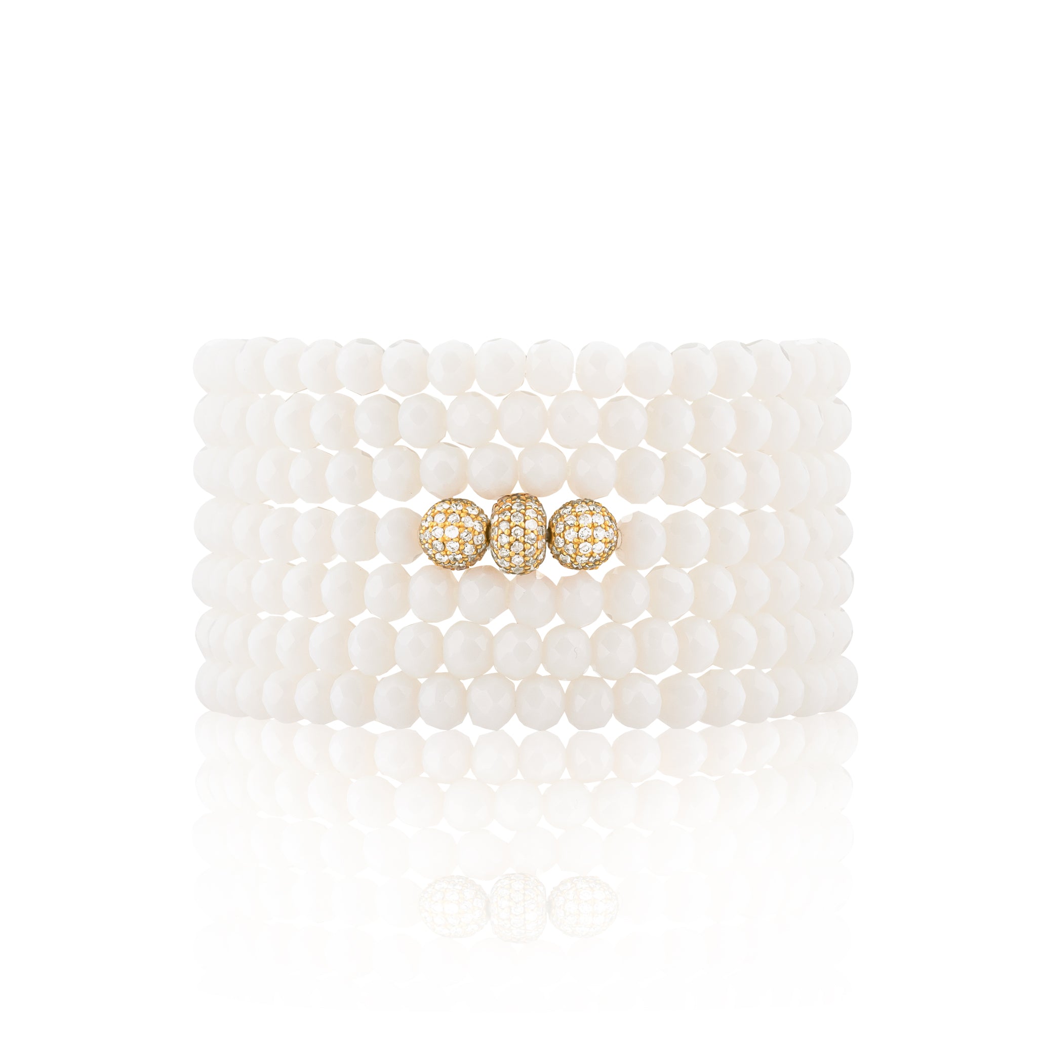 4mm White Crystal and Yellow Gold Diamond Accent Seven Wrap Beaded Bracelet