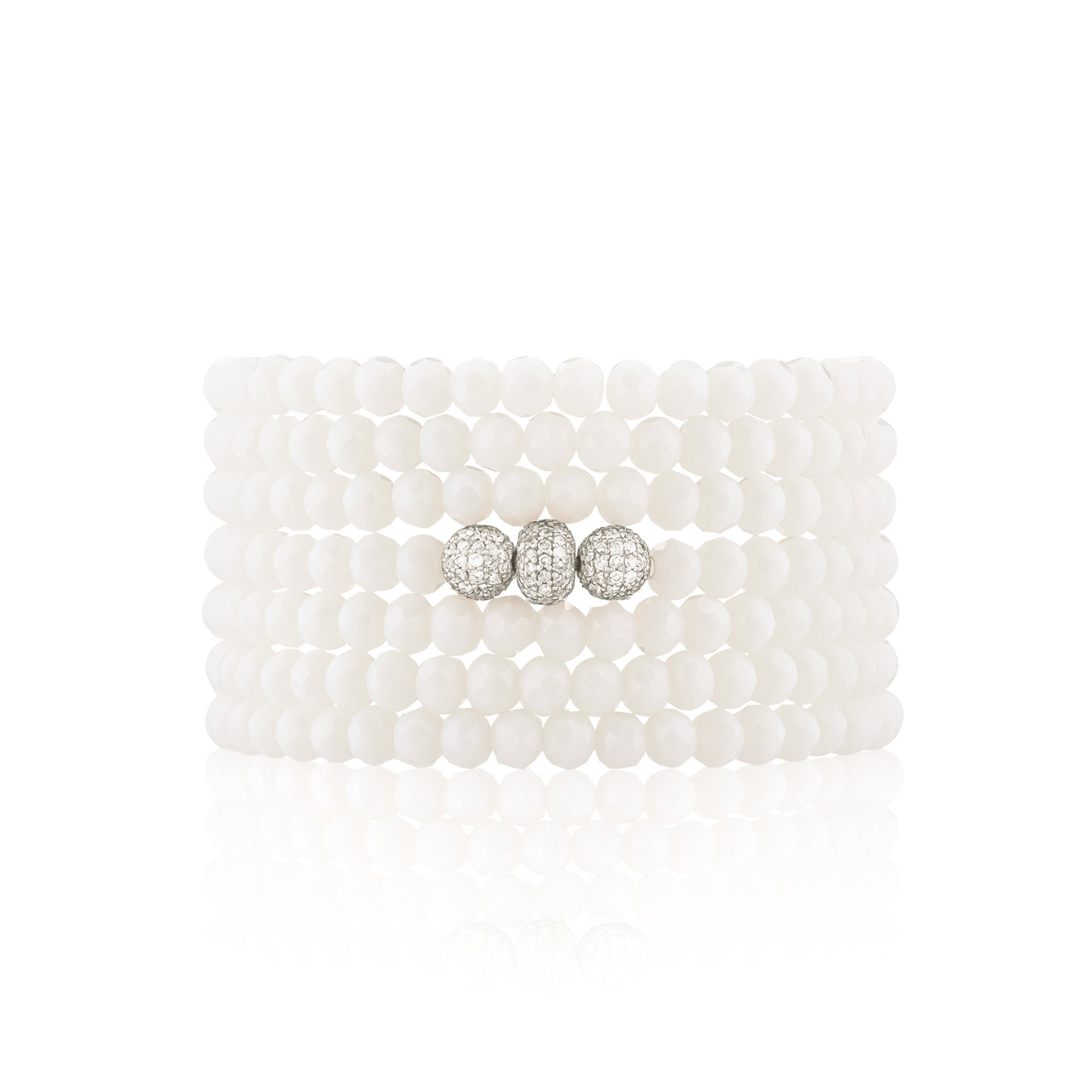 4mm White Crystal and White Gold Diamond Accent Seven Wrap Beaded Bracelet