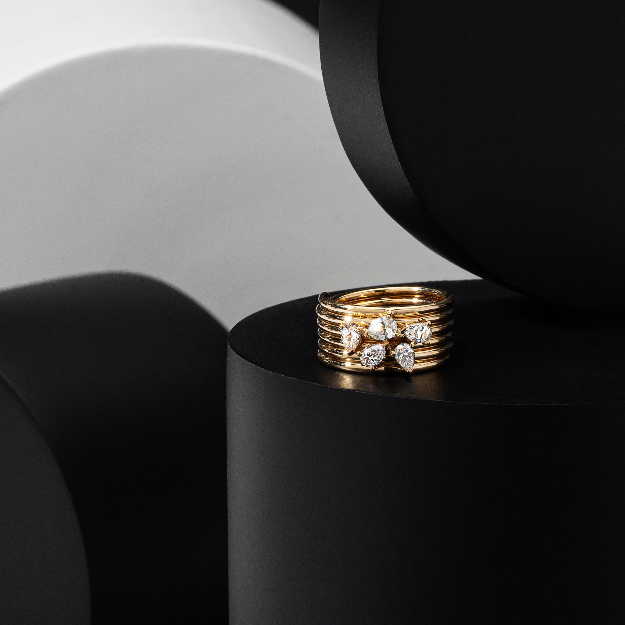 14 Karat Yellow Gold Pear Diamond Barrel Pinky Ring