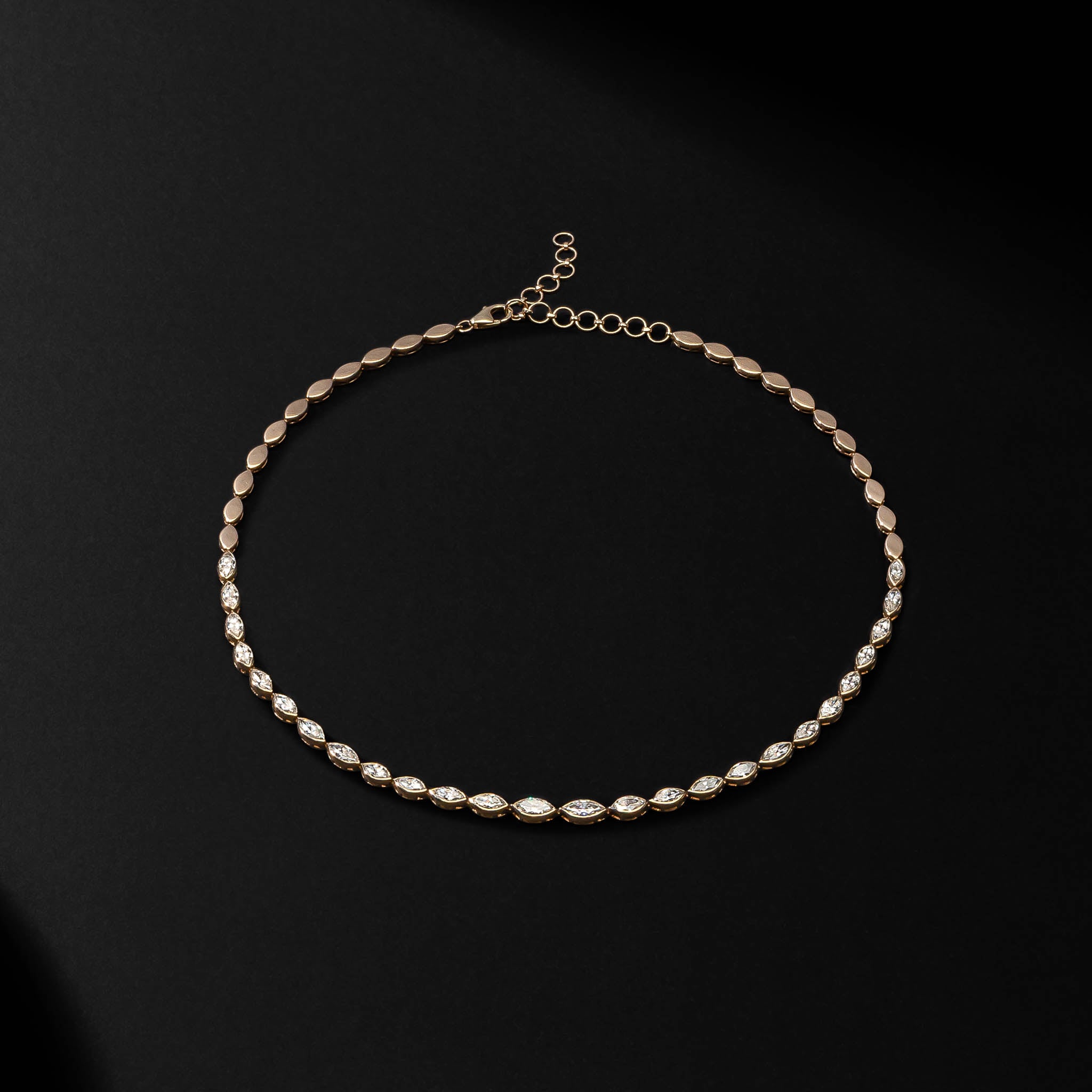 Yellow Gold Bezel Half Way 13.00cts Marquise Diamond Adjustable Tennis Necklace