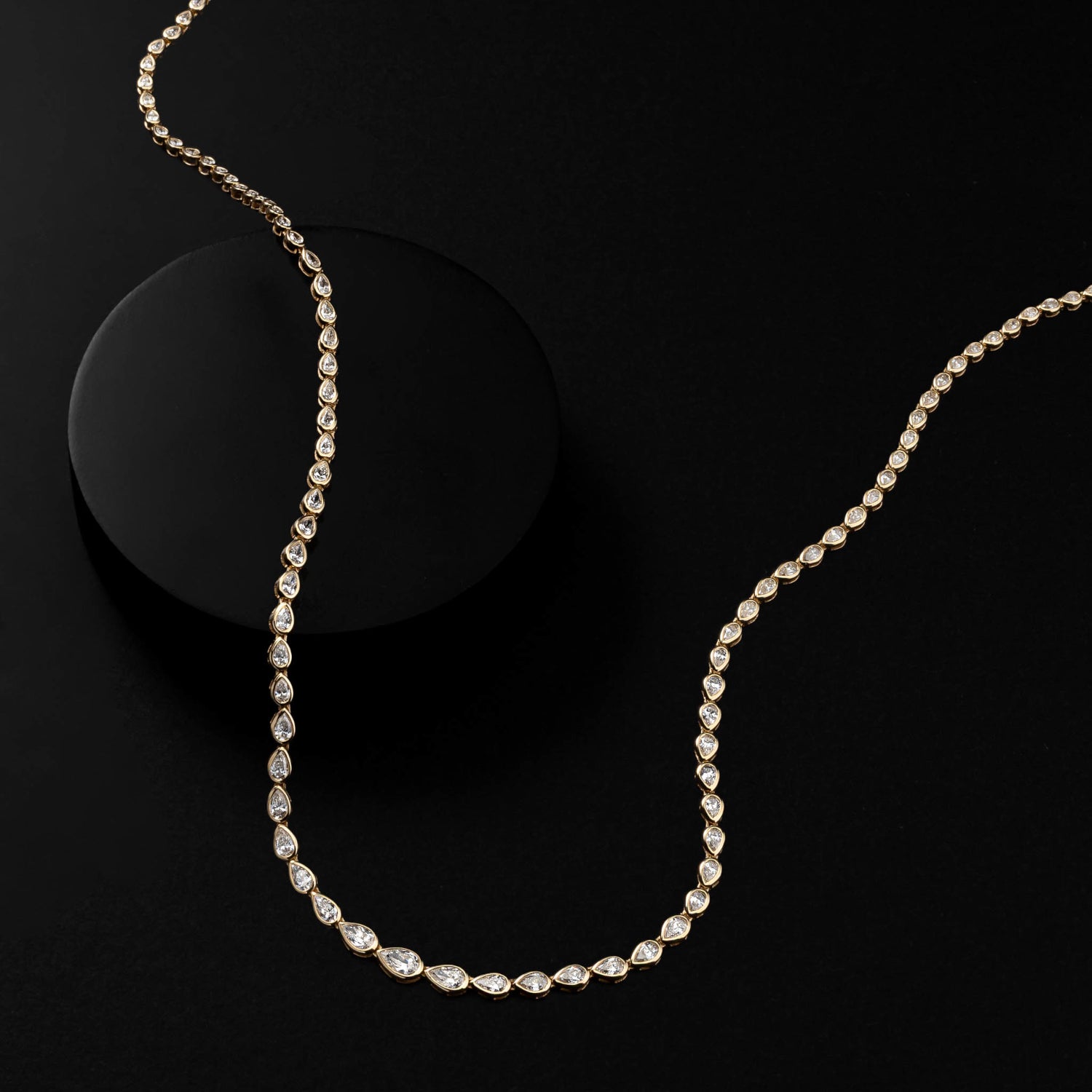Yellow Gold Bezel All The Way 7.00cts Pear Diamond 17.00" Tennis Necklace